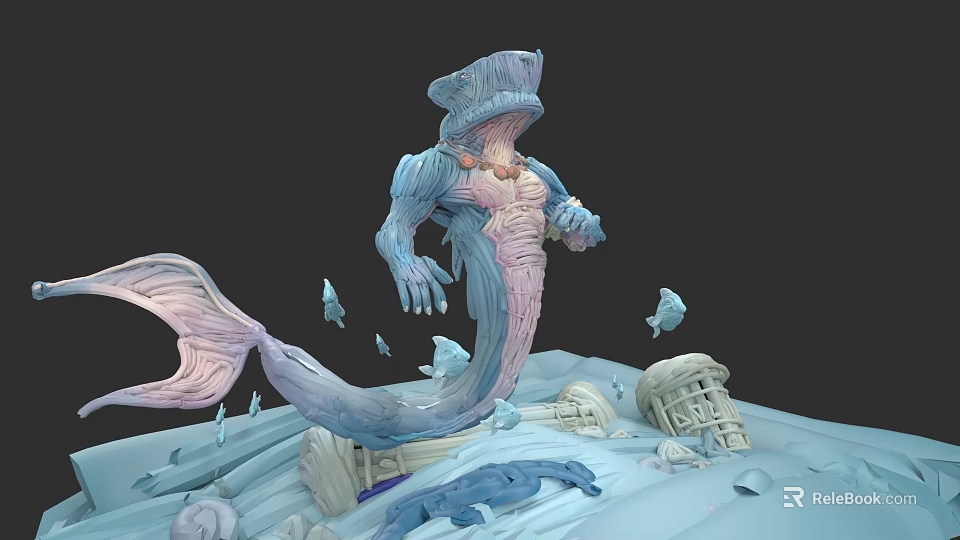 Game Movie Character With Shark Head Tentacles And Fish Tail In Icy Broken Bones Environment 3d model 
