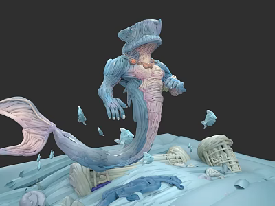 Game Movie Character With Shark Head Tentacles And Fish Tail In Icy Broken Bones Environment 3d model