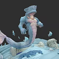 Game Movie Character With Shark Head Tentacles And Fish Tail In Icy Broken Bones Environment