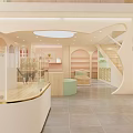 Charming Mall Shop Interior With Curved Shelves Product Displays Soft Tones And Decorative Stools