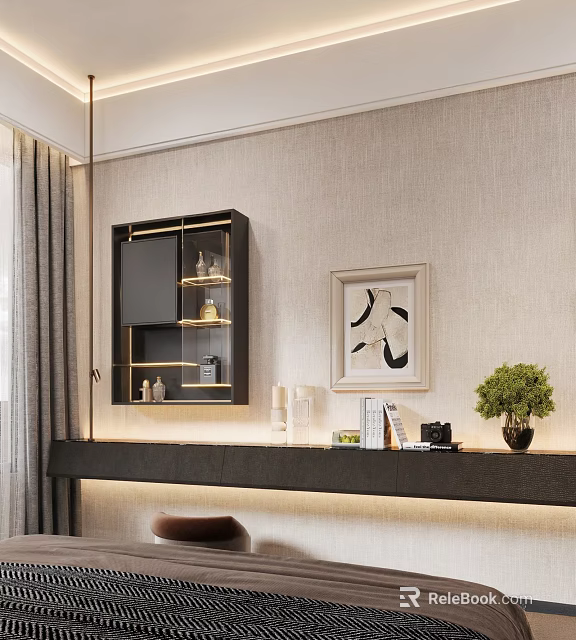 Modern Dressing Table with Black Gold Glass Cabinet Table Lamp Books Camera and Green Plant 3d model 