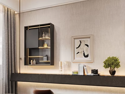 Modern Dressing Table with Black Gold Glass Cabinet Table Lamp Books Camera and Green Plant 3d model
