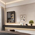 Modern Dressing Table with Black Gold Glass Cabinet Table Lamp Books Camera and Green Plant
