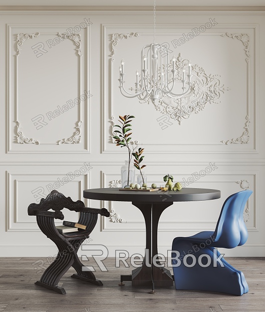 French Restaurant Dining Table and Chair Dining Chair Chandelier Decoration Gypsum Line model