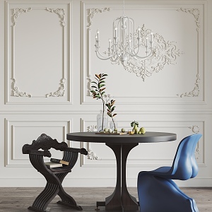 French Restaurant Dining Table and Chair Dining Chair Chandelier Decoration Gypsum Line 3d model