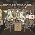 Elegant Traditional Chinese Restaurant With Wooden Furniture Grille Partitions Green Plants And Ink Paintings