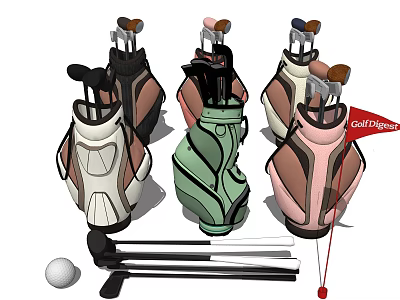 Colorful Golf Sports Equipment Display Featuring Multiple Bags Clubs And Ball 3d model