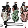 Colorful Golf Sports Equipment Display Featuring Multiple Bags Clubs And Ball