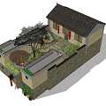 Traditional Chinese Homestay Building with Courtyard Garden Stone Walls Red Doors and Green Plants
