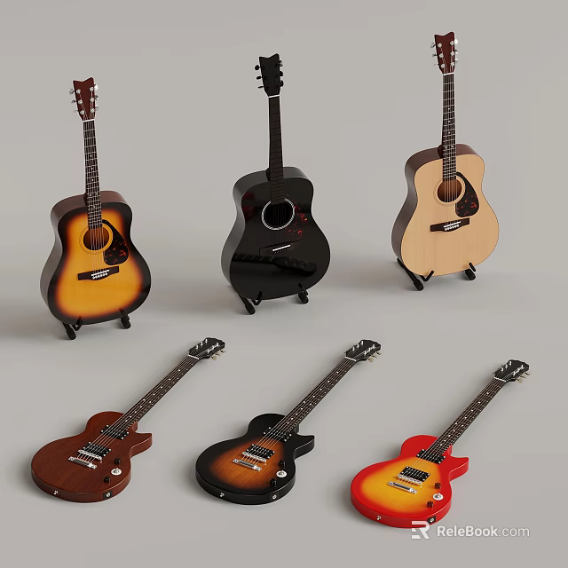 Various Acoustic Electric Guitars With Different Colors And Body Styles 3d model 