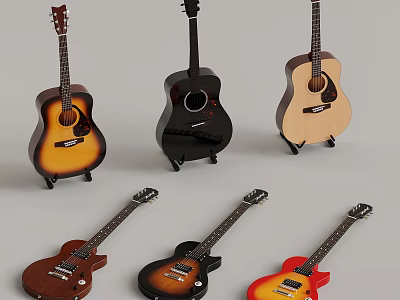Various Acoustic Electric Guitars With Different Colors And Body Styles 3d model