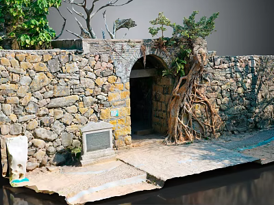 Natural Stone Wall With Arched Doorway And Wooden Tree Roots Decorative Elements 3d model