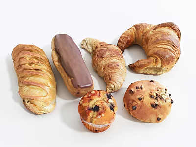 Freshly Baked Assorted Pastries Including Croissant Chocolate Covered Pastry Blueberry Muffin and Raisin Bread 3d model
