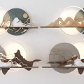 Chinese Style Modern Wall Decor With Circular Frames Mountain Patterns Moon And Bird Motifs 3d model