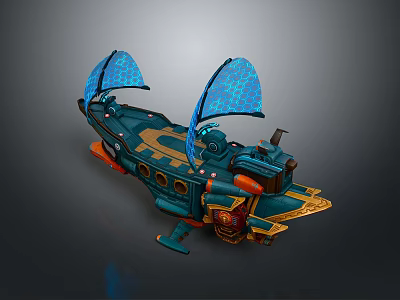 Fantasy Teal Ship Model With Blue Sails Mechanical Structure And Gold Accents 3d model