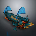 Fantasy Teal Ship Model With Blue Sails Mechanical Structure And Gold Accents
