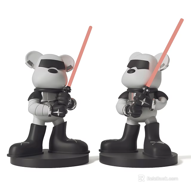 Modern Bear Sculptures Wearing Warrior Armor Holding Red Lightsabers On Black Bases 3d model