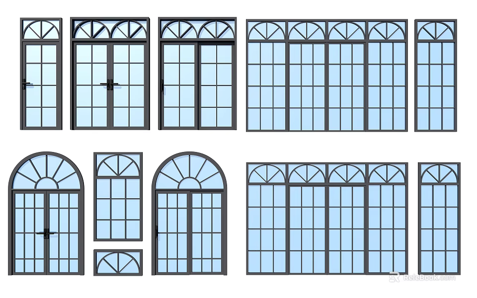 Various Architectural Casement Window Styles With Decorative Tops And Arch Shapes 3d model 