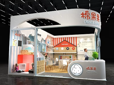 Greekyog Exhibition Booth with Red Striped Decor White Structure Tables Chairs and Green Plant 3d model