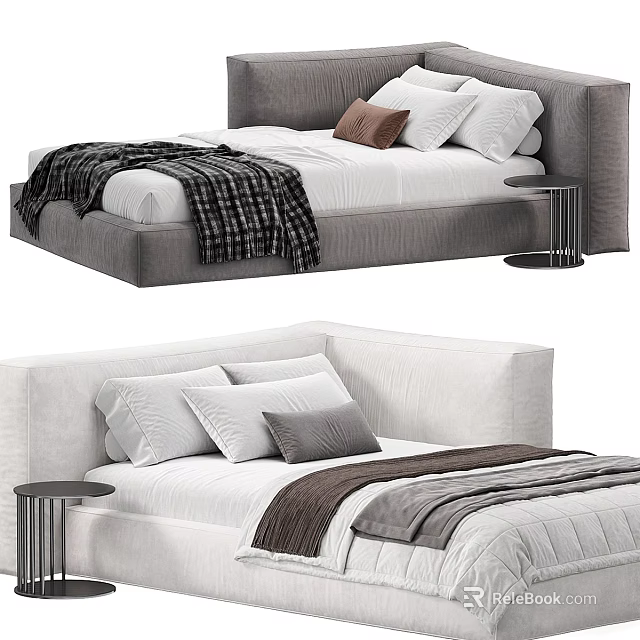 Grey and Beige Bed Interior With Soft Pillows Cozy Blankets and Metal Side Tables 3d model 