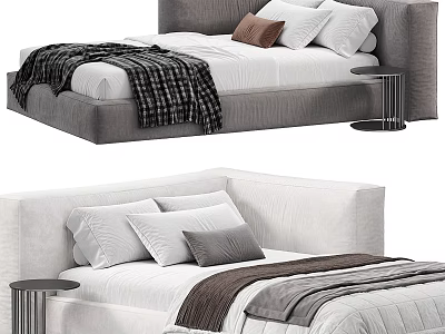 Grey and Beige Bed Interior With Soft Pillows Cozy Blankets and Metal Side Tables 3d model