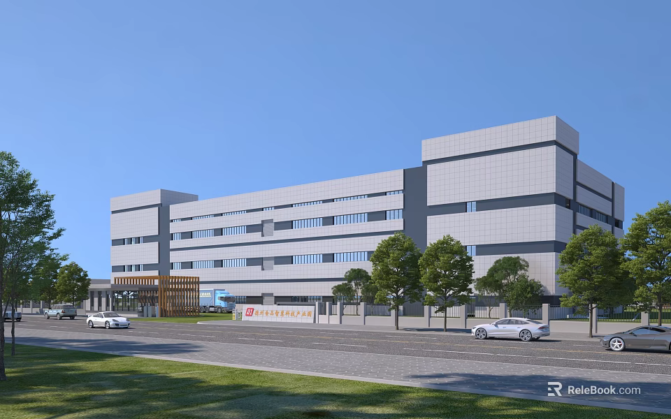 Modern Industrial Factory Building Exterior With Multi Story Structure Windows Trees And Vehicles 3d model 