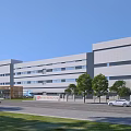 Modern Industrial Factory Building Exterior With Multi Story Structure Windows Trees And Vehicles
