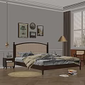 Cozy Double Bed with Upholstered Headboard Wooden Frame Decorative Paintings Floor Lamp Nightstand and Venetian Blinds