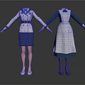 Women's Uniform And Apron Clothing Set With White Blouse Blue Skirt And Dark Green Top