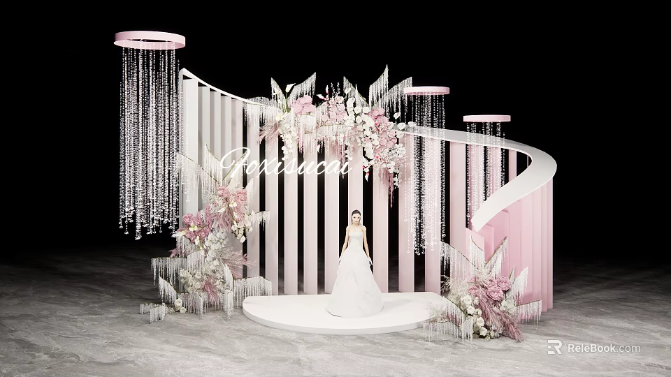 Bride In White Wedding Dress On Decorative Stage With Pink White Flowers And Crystal Chandeliers 3d model 