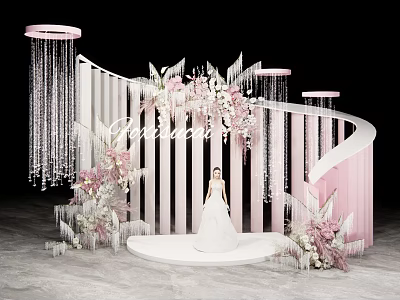 Bride In White Wedding Dress On Decorative Stage With Pink White Flowers And Crystal Chandeliers 3d model