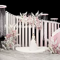 Bride In White Wedding Dress On Decorative Stage With Pink White Flowers And Crystal Chandeliers