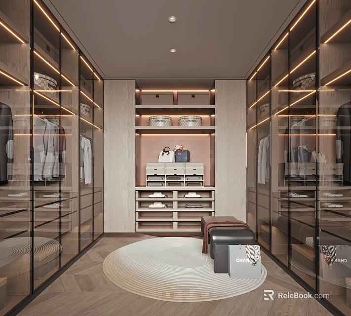 Luxury Walk in Closet Interior Design With Glass Door Cabinets Wooden Shelves And Bench Seating 3d model 