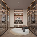Luxury Walk in Closet Interior Design With Glass Door Cabinets Wooden Shelves And Bench Seating