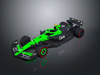 Green And Black Caterham Formula 1 Car With Red Accented Wheels And Yellow Helmet 3d model