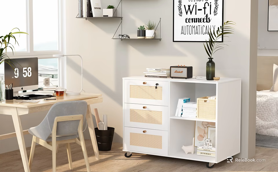 Modern Desk Setup with Computer Monitor Chair Wall Shelf Books Wi-Fi Sign and Potted Plants 3d model 