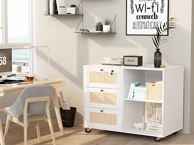 Modern Desk Setup with Computer Monitor Chair Wall Shelf Books Wi-Fi Sign and Potted Plants 3d model