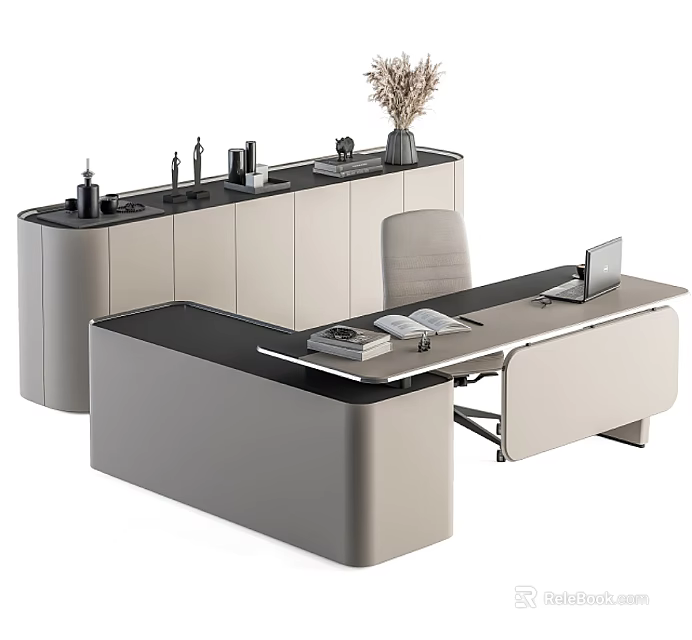 Modern Office Desk With Sleek Design Laptop Books And Potted Plant And Storage Cabinets 3d model 