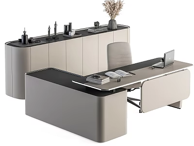 Modern Office Desk With Sleek Design Laptop Books And Potted Plant And Storage Cabinets 3d model