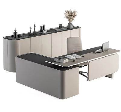 Modern Office Desk With Sleek Design Laptop Books And Potted Plant And Storage Cabinets 3d model