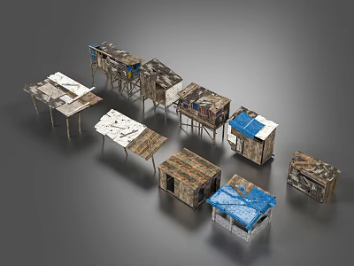 Multiple Weathered Makeshift Shacks With Wooden Frames And Blue Tarpaulin Covers 3d model