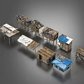 Multiple Weathered Makeshift Shacks With Wooden Frames And Blue Tarpaulin Covers