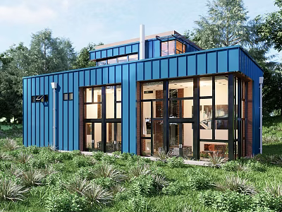 Modern Blue House Exterior With Large Windows And Green Surroundings 3d model