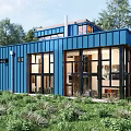 Modern Blue House Exterior With Large Windows And Green Surroundings