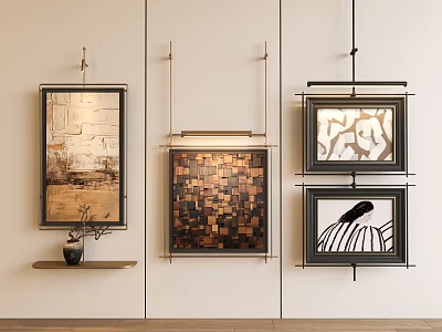 Modern Wall Decor With Three Abstract Paintings Hanging On Beige Wall And Shelf 3d model