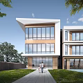 Modern Multi storey School Building With Large Glass Windows And Front Playground Green Lawn