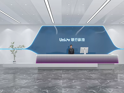 Modern Office Reception Desk With Blue Background Wall Green Plant And Ceiling Lighting 3d model