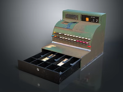 Vintage Green Cash Register With Open Drawer Colored Buttons And Compartmentalized Tray 3d model