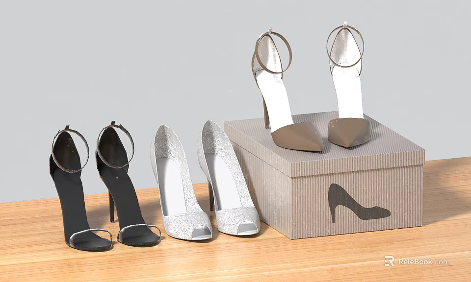 Women's High Heel Shoes Display With Various Styles On Wooden Table 3d model 