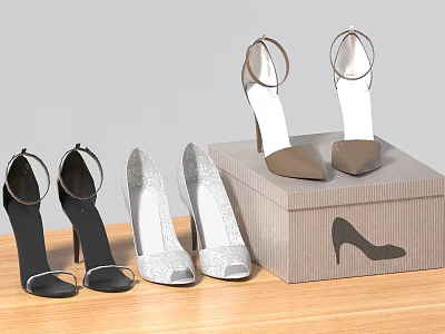 Women's High Heel Shoes Display With Various Styles On Wooden Table 3d model